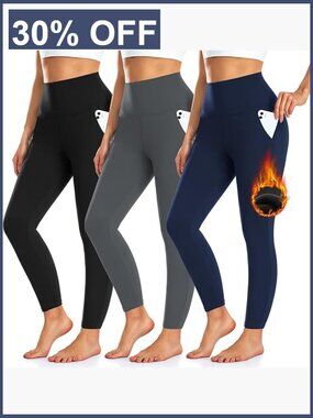 Fleece Lined Thermal Leggings with Pockets High Waist Tummy Control 3 Pack